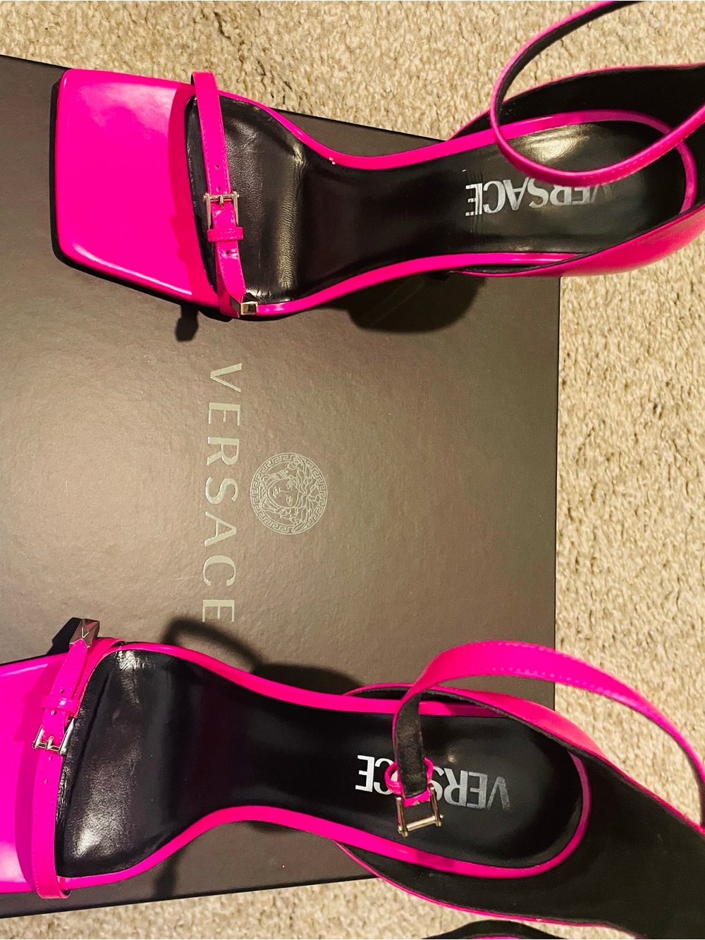 Versace Hot Pink Strappy Square-Toe Heeled Sandals - Picture 3 of 6